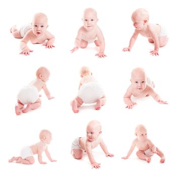 Adorable 6 month baby crawling isolated on white