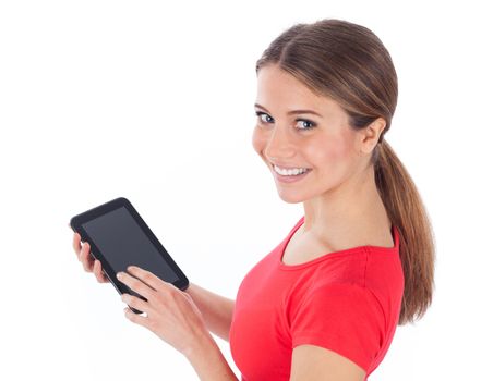 Smiling girl presenting a blank electronic tablet, communication concept