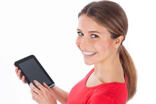 Beautiful girl with a blank tablet pc, communication concept