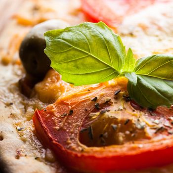 Pizza with tomatoes, olives and fresh basil, close up