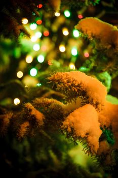 Part of christmas fir-tree under the snow outdoors with lights