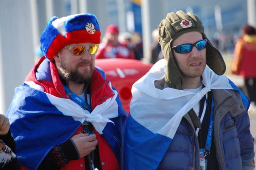Russian spectators with flags at XXII Winter Olympic Games Sochi 2014, Russia, 15.02.2014