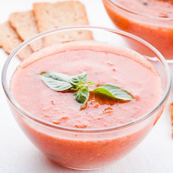 gaspacho - cold tomato soup in glass bowl