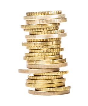 The tower of golden coins isolated on white