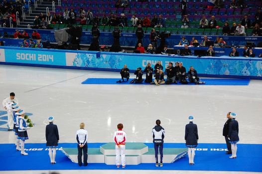 Short-trek speed skating ladies 1500 meters flower ceremony at XXII Winter Olympic Games Sochi 2014, Russia, 15.02.2014