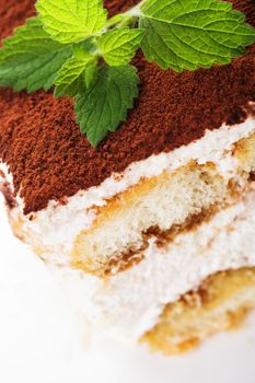 Tiramisu cake slice, close up view on the plate