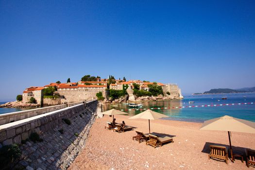 Luxury beach at the St. Stefan, Montenegro. Adriatic Seashore