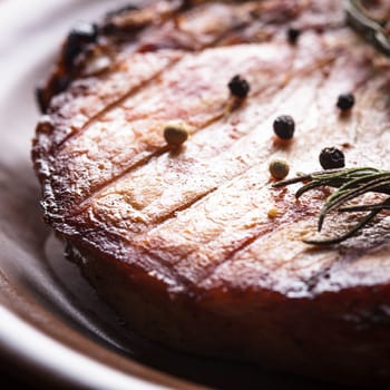 Meat steak roasted on grill with spices on the plate