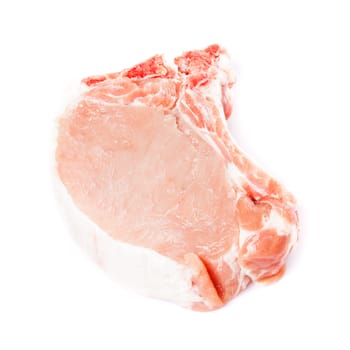 One raw pork loin slice isolated on white background