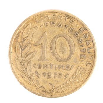 French 1978 Ten Centimes coin. Isolated on a white background.