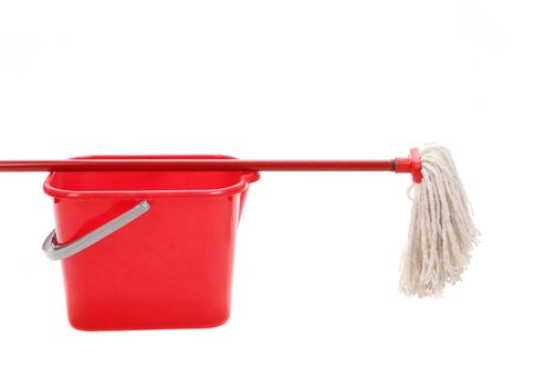 Red bucket with cleaning mop. Isolated on a white background.