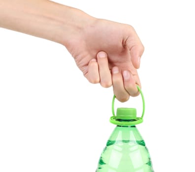 Hand holding plastic bottle. Isolated on a white background.