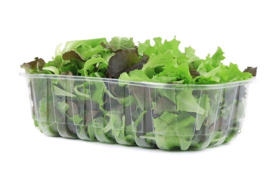 Green and red leaf of lettuce in box. Isolated on a white background.