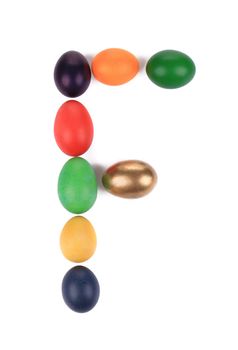 Letter F from the eggs for easter. Isolated on a white background.