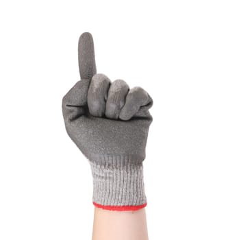 Hand in rubber gloves shows one. Isolated on a white background.