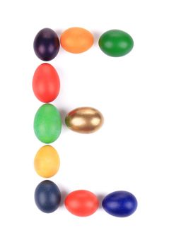 Letter E from the eggs for easter. Isolated on a white background.