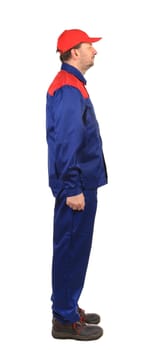 Man in blue and red overalls.Isolated on a white background