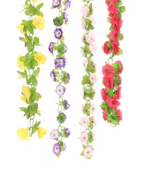 Several hanging artificial flowers. Isolated on  a white background.