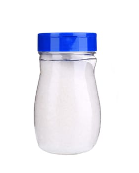 Glass jar with salt. Isolated on a white background.