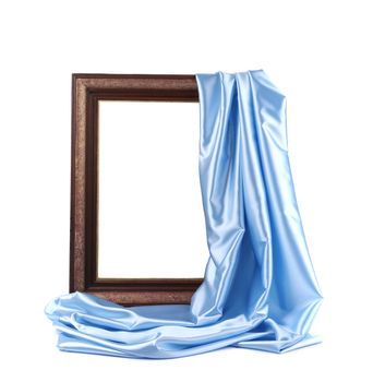 Wooden frame with blue silk. On a white background.