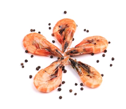 Five shrimp with black pepper. On a white background.