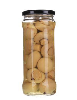 Mushrooms marinaded (champignons) in glass jar. Isolated on a white background