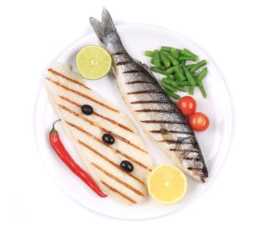 Grilled seabass with pangasius fillet. Isolated on a white background