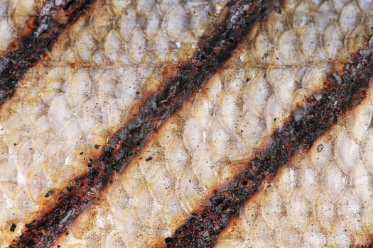 Texture of fish grill skin close up. Whole background
