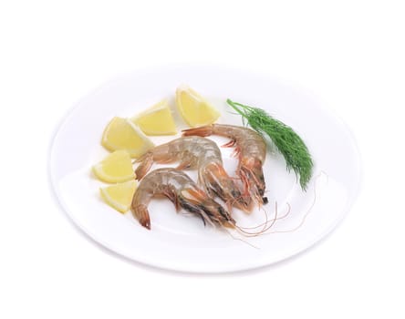 Raw shrimps on plate. Isolated on a white background.