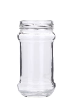 Open empty glass jar. Isolated on white background