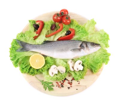 Fresh seabass on platter with lettuce. Isolated on a white background.