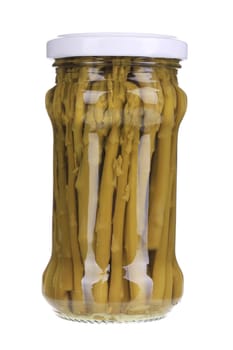 Close up of canned asparagus. Isolated on a white background.
