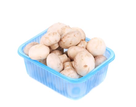 champignon mushrooms in a blue box. Isolated on a white background