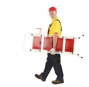 Worker with ladder and bucket. Isolated on a white background.