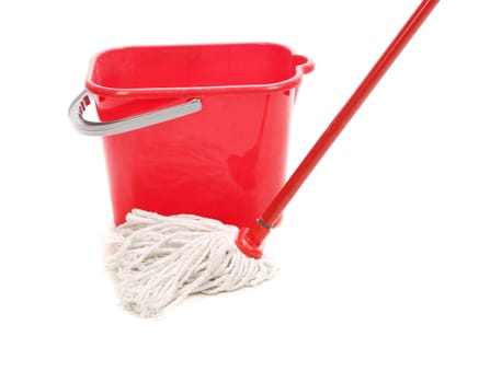 Red bucket with cleaning mop. Isolated on a white background.