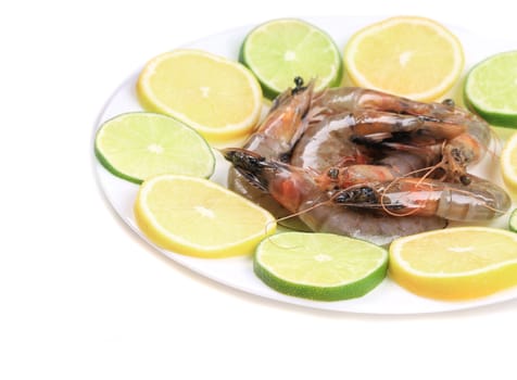 Raw shrimps on plate. Isolated on a white background.