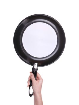 Hand holding a frying pan. Isolated on a white background.