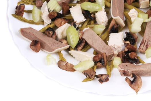 Meat salad with mushrooms. Close up. Whole background.