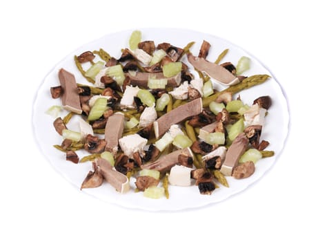 Meat salad with asparagus and celery. Isolated on a white background.
