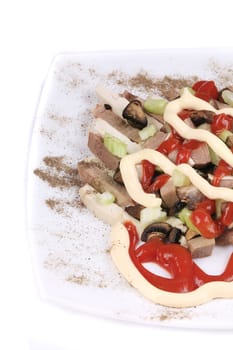 Meat salad with mushrooms. Close up. Whole background.