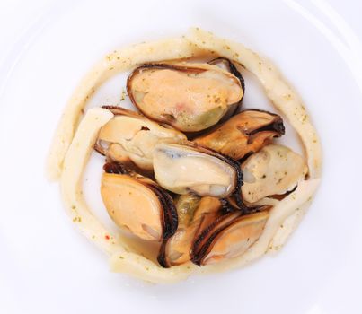 Mussels in a white plate. Isolated on a white background.