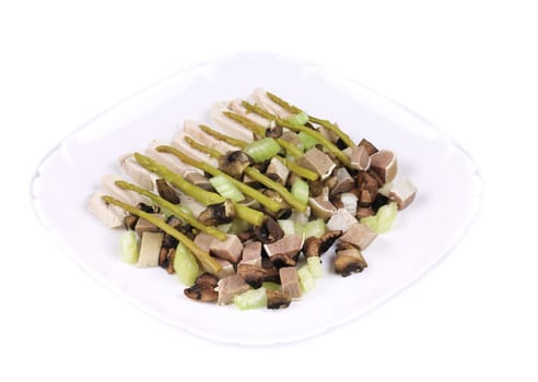 Meat salad with asparagus. Isolated on a white background.