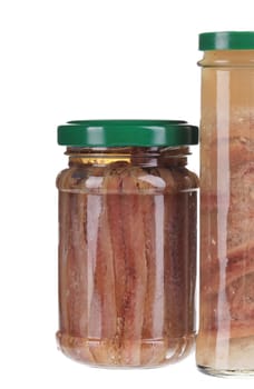 Jar of anchovy fillets. Close up. Whole background.
