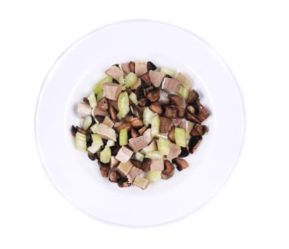 Meat salad with asparagus and celery. Isolated on a white background.