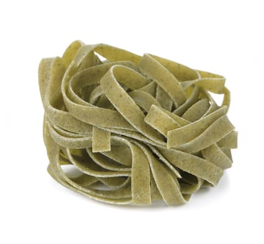 Tagliatelle paglia italian pasta. Isolated on a white background.