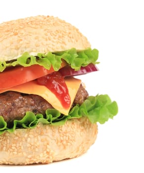 Big hamburger isolated on white. Whole background.
