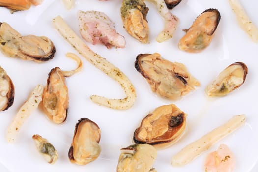 Delicious seafood on a plate. Whole background.