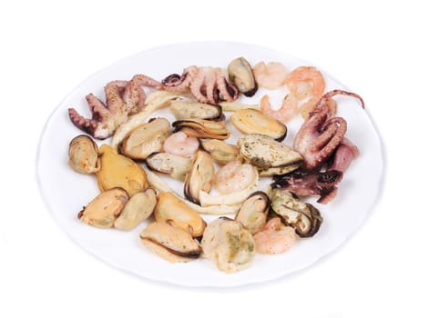Close up of seafood products. Isolated on a white background.