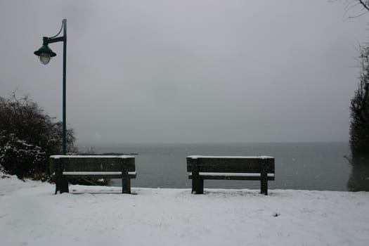 Park benches in the snow