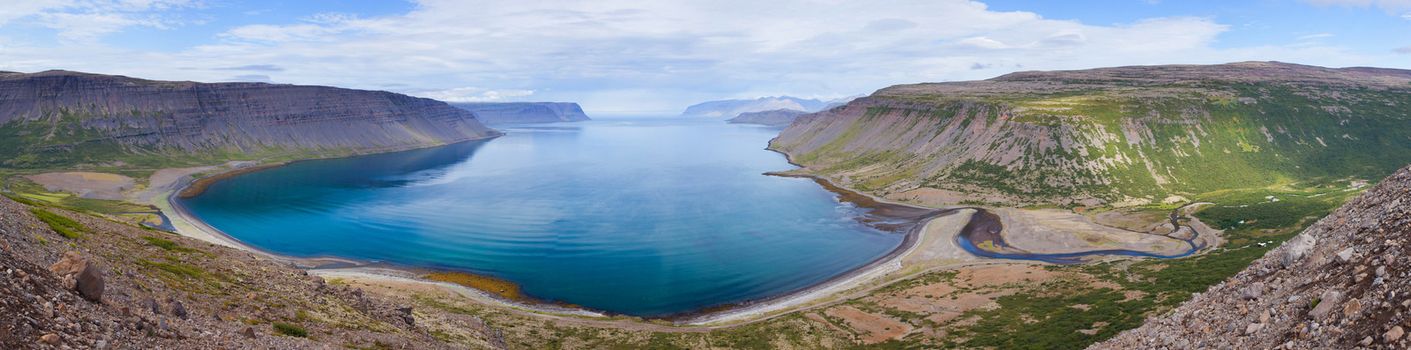 West Iceland Sea Lagoon Landscape at Summer Sunny Weather. Panorama